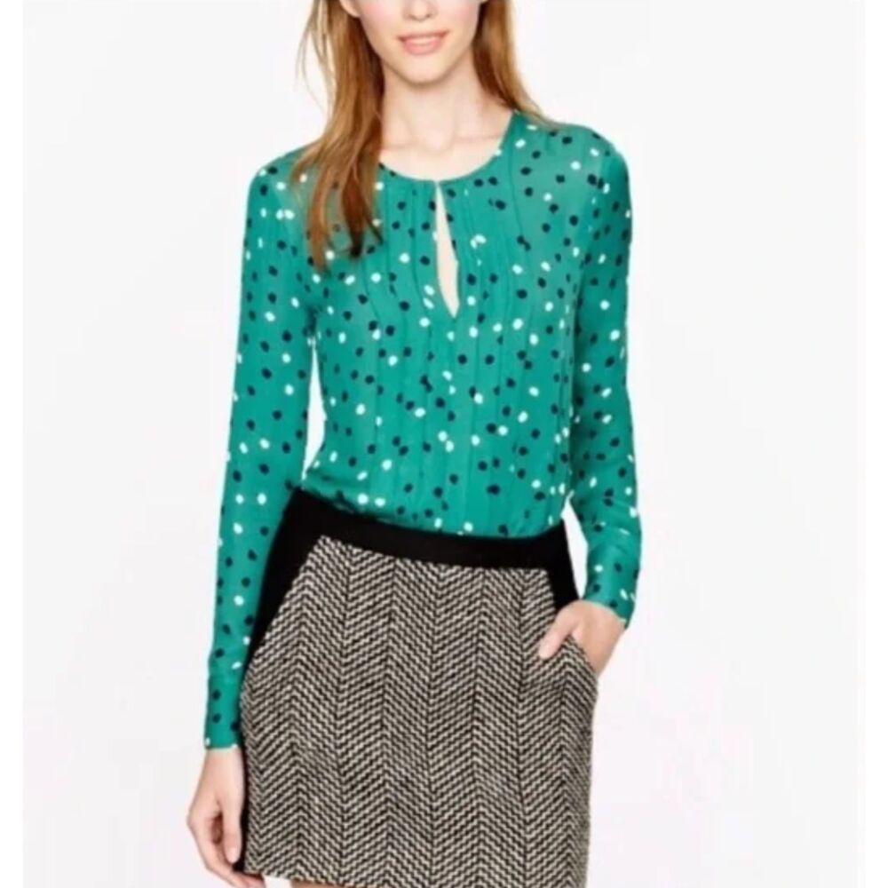 J. Crew Pleated Blouse Size 4 Green Abstract Dot Long Sleeve Workwear